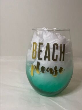 "Beach Please" Gold Lettering Ombre Wine Glass - Teal Gradient